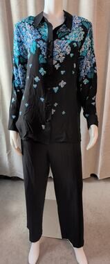 Bob Mackie Outfit Lrg Blue Black Button Up Beaded LS Silk Blouse Pinstripe Pants